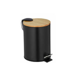 Wenko - Pattumiera a pedale Tortona con freno di caduta Easy-Close, Mini pattumiera per bagno 3L, Acciaio - bambù, 17x23,5x21 cm, nero - marrone