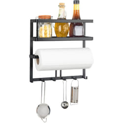 Mensola multifunzionale per cucina Gala, Mensola in metallo nero con portarotolo da parete e ganci per appendere utensili da cucina, Metallo, 30x33x9