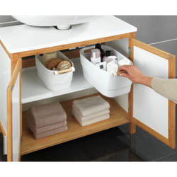 Wenko - Organizzatore per armadio s, cestino portaoggetti da cucina con manico in legno, compatibile con lavastoviglie, Plastica - Legno, 14,5x12x27