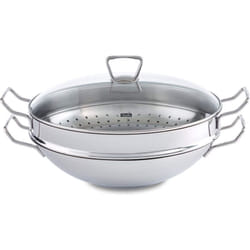Fissler Nanjing Padella wok in acciaio inox 36 cm, grande padella wok senza rivestimento, padella di ispirazione asiatica con coperchio in vetro,