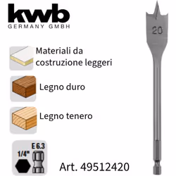 KWB Art. 49512420 Punta per legno piatta, per la lavorazione del legno, attacco esagonale da 1/4" secondo ISO 1173, E 6.3, co ...