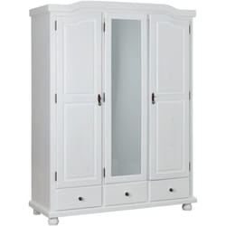 Armadio 3 ante + 3 cassetti in pino massello bianco, 150x56x200 cm
