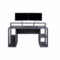 SCRIVANIA STILE GAMING IN LAMINATO GRIGIO TITANIO, RIPIANI E PORTA TOWER CON SPAZIO PER ARIEGGIAMENTO. COMPLETA DI LUCI LED E ...