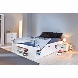 LETTO CON VANI CONTENITORE E COMODINO C/RUOTE INCLUSO. PINO MASSELLO VERNICIATO AD ACQUA BIANCO. DIM. 146x209x47,5H. DOGHE IN ...