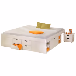 LETTO CON VANI CONTENITORE E COMODINO C/RUOTE INCLUSO. PINO MASSELLO VERNICIATO AD ACQUA BIANCO. DIM. 186,5x209x47,5H. DOGHE  ...