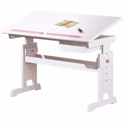 SCRIVANIA CON PIANO INCLINABILE, REGOLABILE IN ALTEZZA. PINO MASSELLO VERNICIATO AD ACQUA BIANCO, FINITURE ROSA. DIM. 109x55x ...