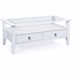 TAVOLINO. PINO MASSELLO VERNICIATO AD ACQUA BIANCO E TOP IN VETRO TEMPERATO. DIM. 115x60x45H. ARTICOLO IN KIT. TAVOLINO. PINO ...
