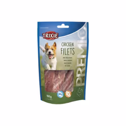 Lo snack Chicken Filets contiene carne di pollo essiccato al 65%. L'alimento è ricco di proteine e non contiene zuccheri aggi ...