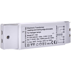 Transmedia - Trasformatore alogeno ET-150 230/12V/50-150W, protezione da sovraccarico, fusibile termico, non dimmerabile, 160 x 46 x 30 mm