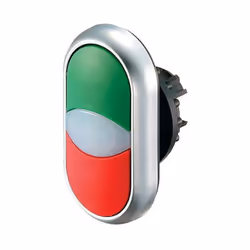 Pulsante doppio con 2 pulsanti ad impulso verde/rosso e un indicatore luminoso. Con iscrizione 'I-0' Caratteristiche tecniche ...