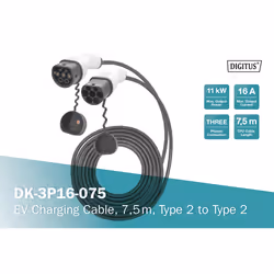 Digitus Cavo di ricarica per auto elettriche e PHEV - 7,5 m - Da tipo 2 a tipo 2 - Modalità 3 - Trifase - 16 A - 11 kW - Nero