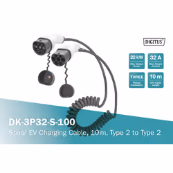 Digitus Cavo di ricarica a spirale per auto elettriche e PHEV - 10 m - Tipo 2 - Modalità 3 - Trifase - 32 A - 22 kW - Nero