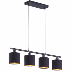 Tommy sospensione con 4 diffusori paralumi neri e oro base metallo nero opaco l.76cm.
