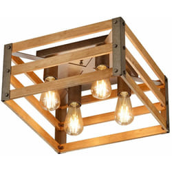 Plafoniera casa di campagna lampada in legno paralume retrò scatola in legno vintage, metallo nichel naturale, attacco 4x E27, LxLxA 40x40x20 cm