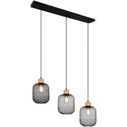 Trio - Lampada Sospensione Barra 3 Diffusori Gabbia Rete Neri e Legno Calimero gd