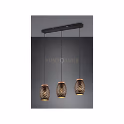 BIDAR SOSPENSIONE 3 DIFFUSORI METALLO NERO E ORO TAGLIO LASER CON INSERTO IN LEGNO L. 71CM