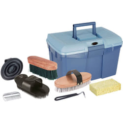 Scatola da toelettatura blu con contenuto (per cavalli, spazzole per cavalli, spazzole per criniera, scatola da toelettatura con spazzole, cura del