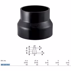 Riduzione concentrica corta PE-HD ø50x32 mm a saldare Campi di applicazione Per l'evacuazione delle acque reflue nere e bianc ...