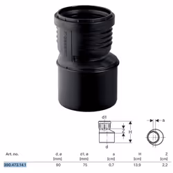 Silent PP Riduzione eccentrica GTR ø90x75 mm Campi di applicazione Per condotte di scarico all'interno degli edifici Dati tec ...