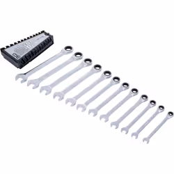 ampio set di chiavi combinate a cricchetto con tutte le dimensioni standard realizzato in acciaio al cromo vanadio di alta qu ...