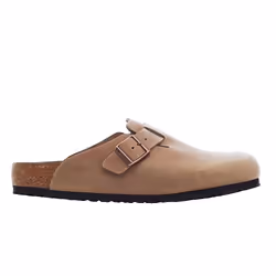 Scarpe Birkenstock Boston in pelle scamosciata marrone, regolabili con fibbia.