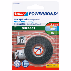 TESA Powerbond OUTDOOR, Nastro di montaggio, Nero, 1,5 m, Esterno, Mattone, Metallo, Plastica, Pietra, 0,1 Kg/cm