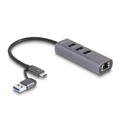 DeLOCK Hub USB 5 Gbps a 3 porte + LAN Gigabit con connettore USB Type-C o USB Tipo-A in contenitore metallico