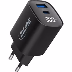 InLine Alimentatore USB PD, caricatore GaN, 2 porte, USB-C + USB-A, 30W, display