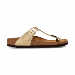 Sandali Gizeh Sretta di Birkenstock in pelle color oro, comodi ed eleganti per adulti unisex.