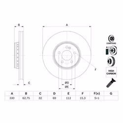 Disco freno BOSCH 0 986 479 G43 anteriore, ventilato, altamente carbonizzato, 1 Pezzo
