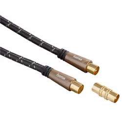 Hama Cavo antenna M/F con adattatore M/M, 1,5 metri, 120 dB, TPE, connettori dorati, ferrite, nero, 1,5 m, Nero, Oro