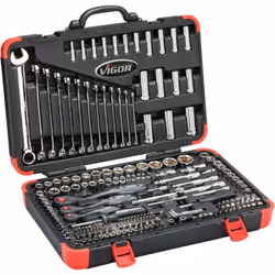 Extensive 212-piece socket set for all conventional screw profiles Robust plastic case protects inside tool from contaminatio ...