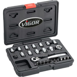 Vigor - Socket set ∙ super flat ∙ V5202 ∙ Attacco quadro, cavo, 1/4 di pollice (6,3 mm) ∙ Profilo esagonale esterno ∙ 4 – 14 ∙ Numero utensili: 25