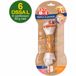 6 Ossa Triple Flavour taglia L con triplo gusto pollo, manzo e maiale - OFFERTA RISPARMIO 6 confezioni da 1 osso cad Ideale p ...