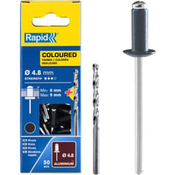 Rapid - Scatola da 50 Rivetti in Alluminio da Ø4.8 x 10 mm, Adatti a Fissare Grondaie, Tubazioni e Lamiere, Include Punta per il Trapano - Grigio