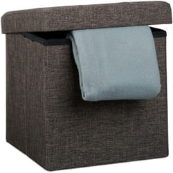 Pouf Pieghevole Con Contenitore, Sgabello a Forma di Cubo, Lino, Coperchio Rimovibile, 38x38x38 cm Marrone - Relaxdays