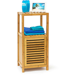 Scaffalle a Colonna in Bambù, 3 Ripiani, hlp 80x35,5x33 cm, Armadietto con Anta, per Bagno e Salotto, Naturale - Relaxdays