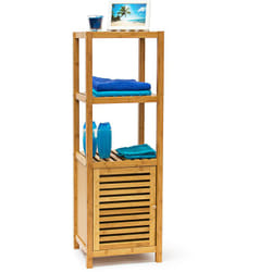 Scaffalle a Colonna in Bambù, 4 Ripiani hlp 110x36,5x33 cm, Armadietto con Anta, per Bagno e Salotto, Naturale - Relaxdays