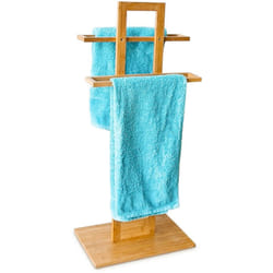 Portasciugamani da Terra in Bambù, 2 Aste, 37x25x85 cm, Autoportante, Porta Abiti, da Bagno, Legno Naturale - Relaxdays