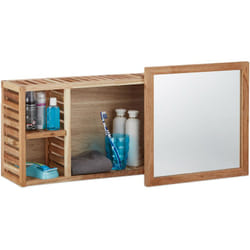 Relaxdays - Scaffale da Parete con Specchio Scorrevole, Mensola a Muro per il Bagno, Legno di Noce, Largo 80 cm, Naturale