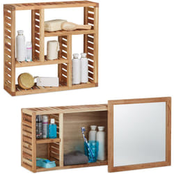 2 Scaffali da Bagno, Mobile con Specchio Scorrevole, Mensola a Muro con 5 Ripiani, da Parete, Legno di Noce, Naturale