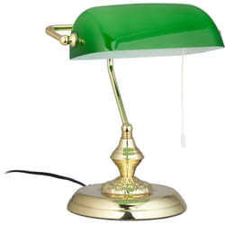 Relaxdays - Lampada da Scrivania con Interruttore a Catena, Verde, Base Rotonda, Vintage, Vetro hlp 31x22,5x18,5cm, ottone