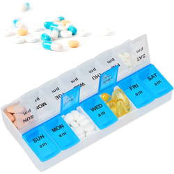 Relaxdays Portapillole 7 Giorni, Scomparti Mattino e Sera, in Inglese, Contenitore per Farmaci Settimanale, Bianco Blu