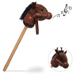 Relaxdays Cavallo con Asta, Giocattolo per Bambini con Suoni, in Legno & Peluche, Adorabile Cavalluccio, 67 cm, marrone