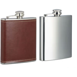 Relaxdays - 2x Fiaschetta 200ml, Borraccia Tascabile in Acciaio, Fodera in Pelle Finta, da Viaggio & Fuori Casa, Argento Marrone