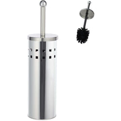 Relaxdays - Set di Scopino e Portascopino Rotondo, Bagno e wc, Testa Spazzolone Sostituibile, Acciaio Inox, Argento Nero