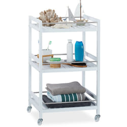 Relaxdays - Carrellino da Servizio, hlp 76,5x46x38 cm, in Bambù e Acciaio, Carrello a 3 Ripiani, Ruote a 360°, Bianco