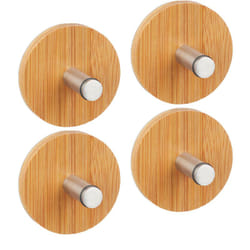Set Ganci Adesivi, Autoadesivi, 4 Appendini Rotondi, per Bagno e Cucina, Acciaio Antiruggine e Bambù, Naturale - Relaxdays
