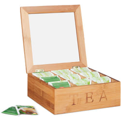 Relaxdays - Porta Tè in Bambù, 9 Scomparti, Organizer per Tisane, Quadrato, hlp: 8,5 x 22 x 22 cm ca, Legno Naturale