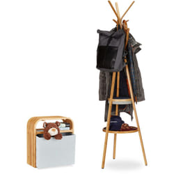 Relaxdays - 2x Accessori Guardaroba, Appendiabiti in Bambù con Ripiani, Sgabello con Contenitore, Attaccapanni, Naturale Grigio